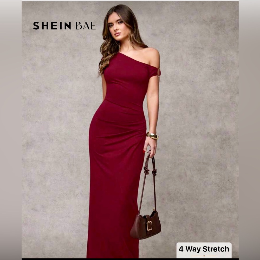 SHEIN BAE Wine One-Shoulder Dress